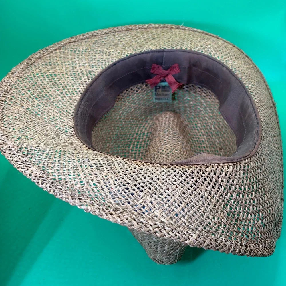 Peter Grimm Straw Fedora Hat Medium Tan Woven Boho Pattern Band Sun Cap USA Made